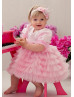 Short Sleeves Pink Satin Tulle Tiered Flower Girl Dress